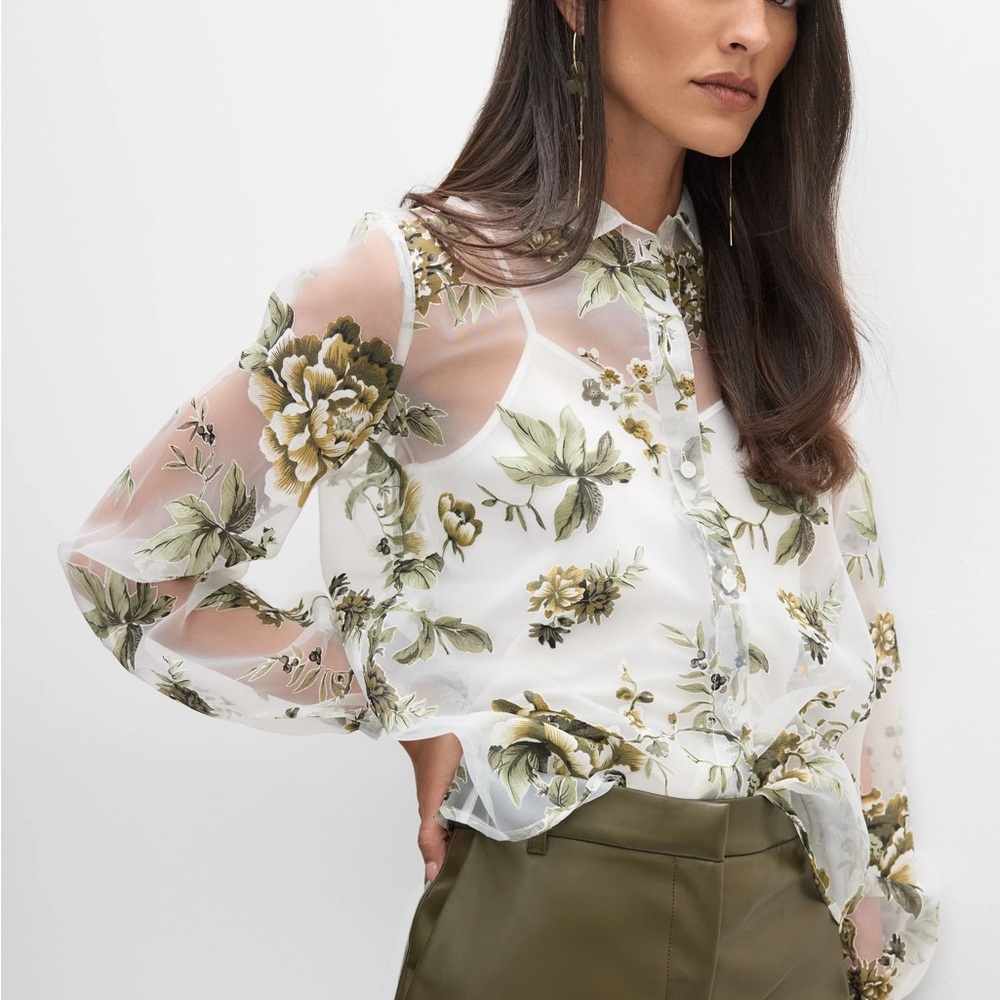 Zara Sheer Floral Button Down Shirt - White and Green